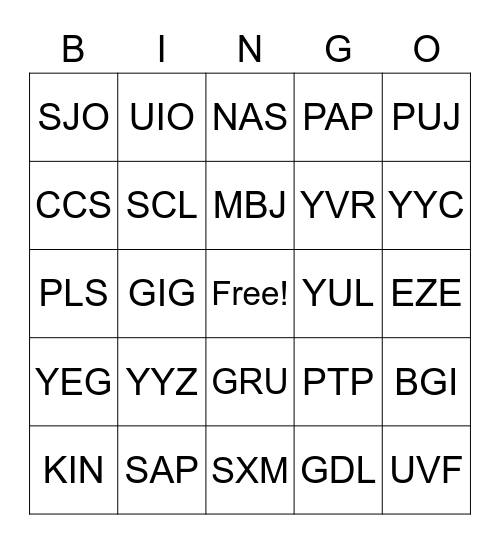 CENTRAL/SOUTH AMERICA AND CANADA Bingo Card