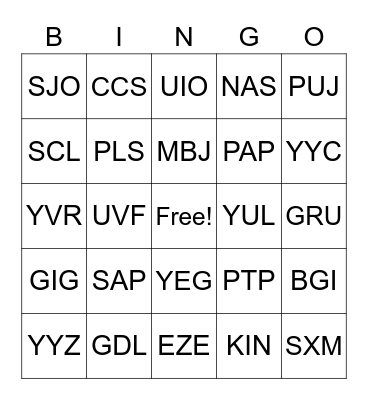 CENTRAL/SOUTH AMERICA AND CANADA Bingo Card