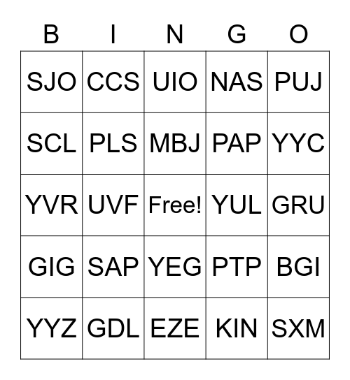 CENTRAL/SOUTH AMERICA AND CANADA Bingo Card