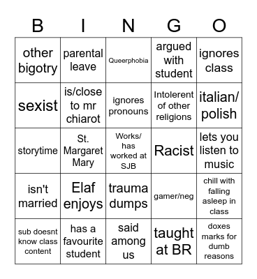 SJB Teachers Bingo Card