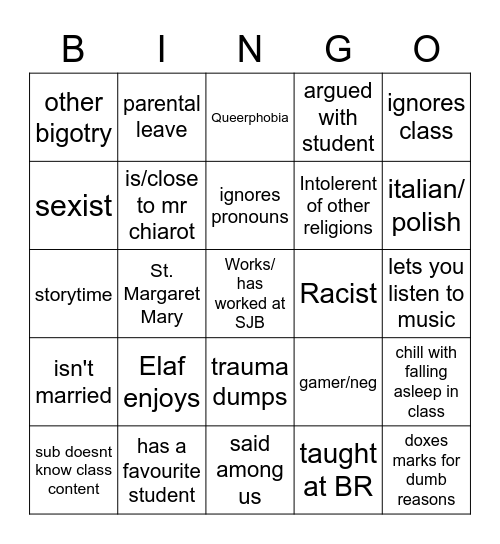 SJB Teachers Bingo Card