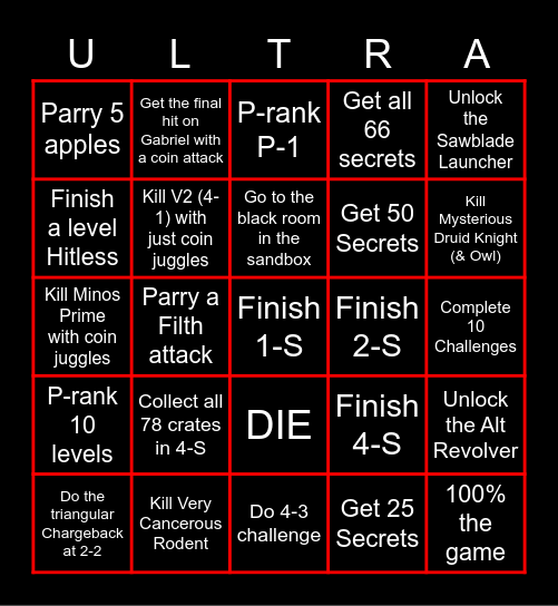 ULTRAKILL (Patch 10b Hotfix) Bingo Card