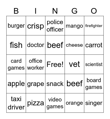Food/Jobs Bingo Card