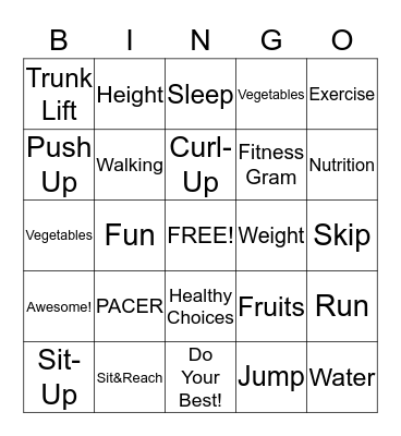 FITNESS GRAM Bingo Card