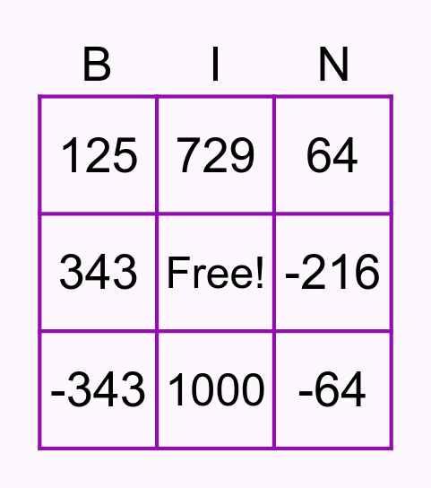 เลขยกกำลังสาม Bingo Card
