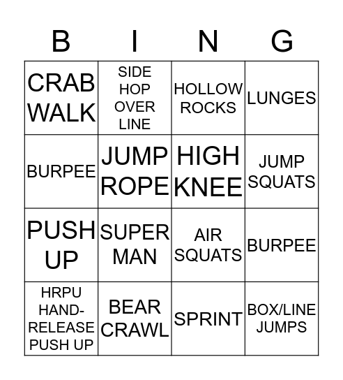 BearFit Bingo Card
