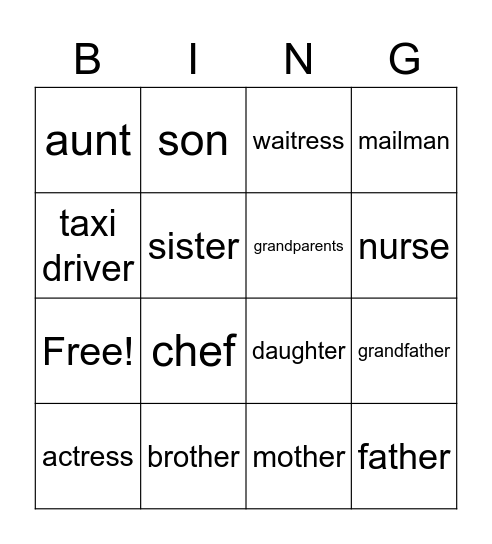Family & occupations Bingo Card