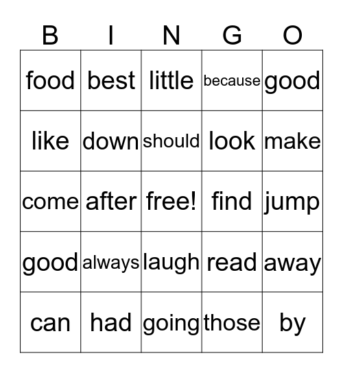 dolch word bingo Card