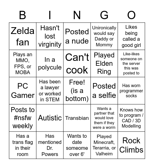 Discord Tranny Bingo Card