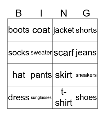 Clothes Bingo Card