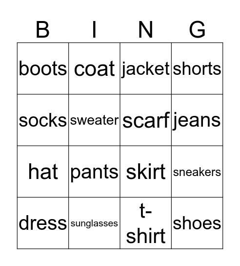 Clothes Bingo Card