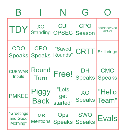 Khaki Call Bingo Card