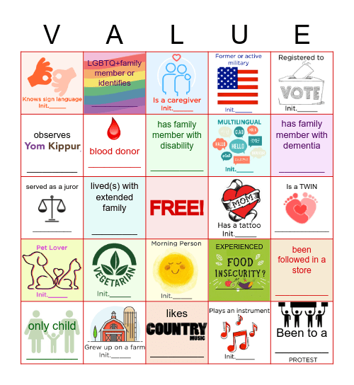 DIVERSITY INCLUSION & BELONGING+INTEGRITY Answers must be from different people & departments other than your own. Play is between August 3-10. Employees return completed cards to HR or emailto:TCKEricksonLivingValuesTeam@erickson.com. ENJOY! Bingo Card