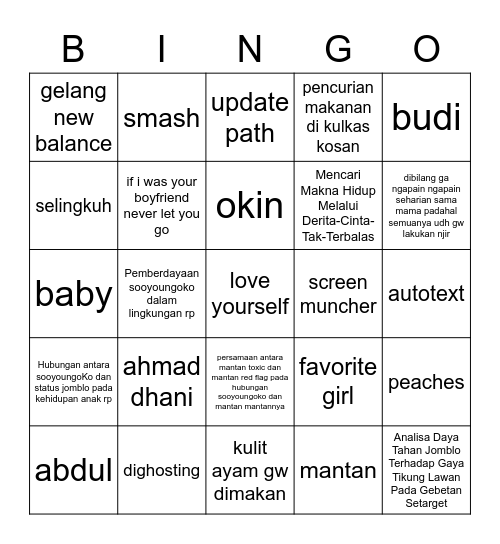 aneh lu pis Bingo Card