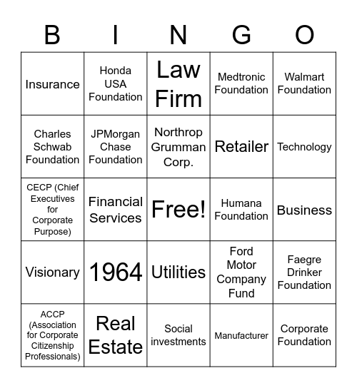 Corporate Philanthropy Bingo Card