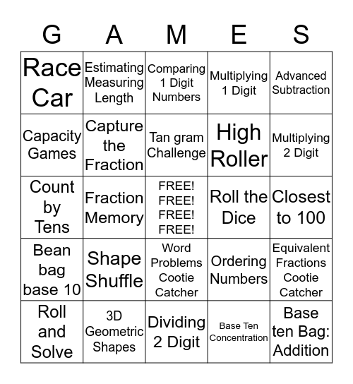 Family Fun Night- MATH Bingo Card