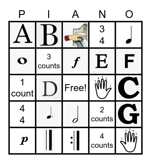 PIANO BINGO Beginner Bingo Card