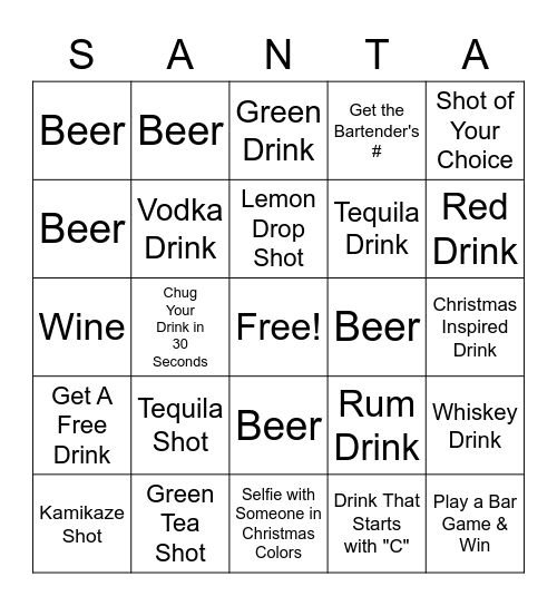 Christmas In July Bar Crawl Bingo Card