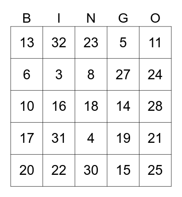 Number Bingo Card