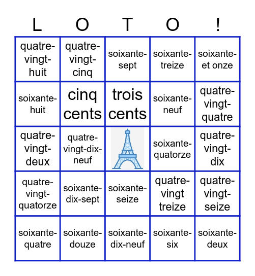 French Numbers - 60 to 700 Bingo Card