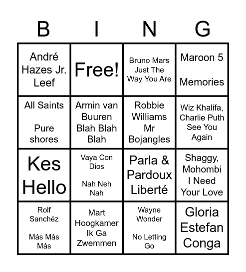 Muziek Bingo Card