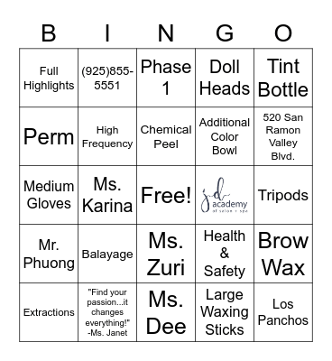 JD ACADEMY BINGO Card