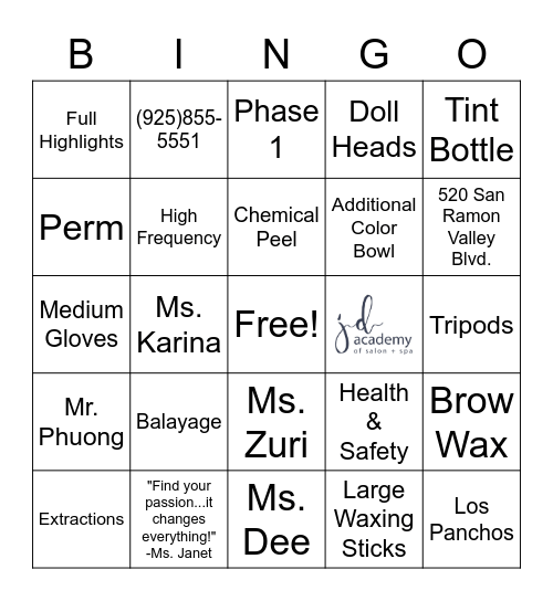 JD ACADEMY BINGO Card