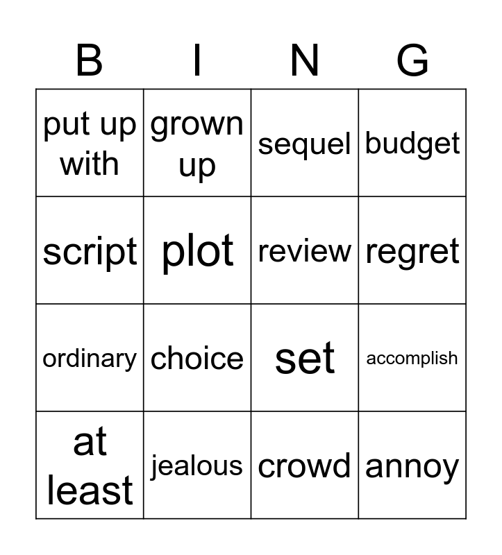 Unit 6 Vocabulary Bingo Card