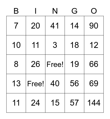 Multiplication & Division Bingo Card