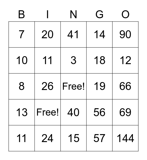 Multiplication & Division Bingo Card