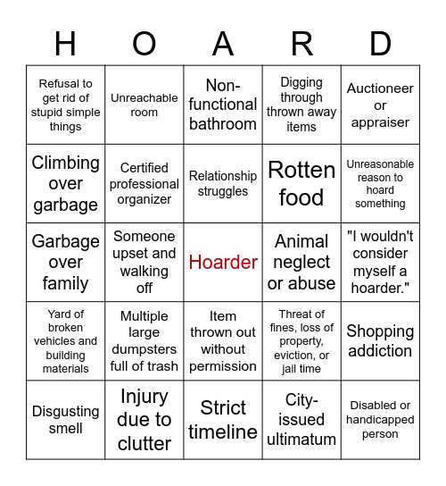 Hoarder Bingo Card