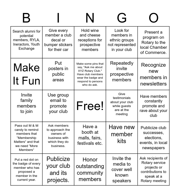 Rotary Membership Bingo Card