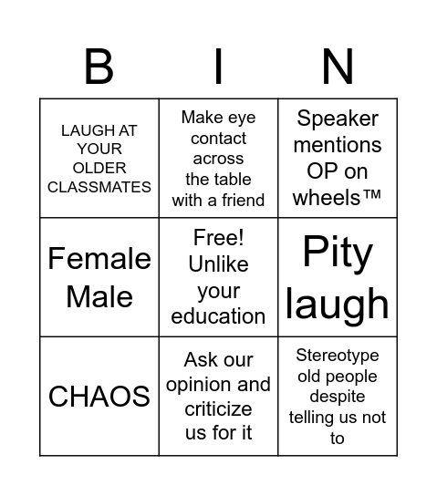 Geriatrics Class Bingo Card