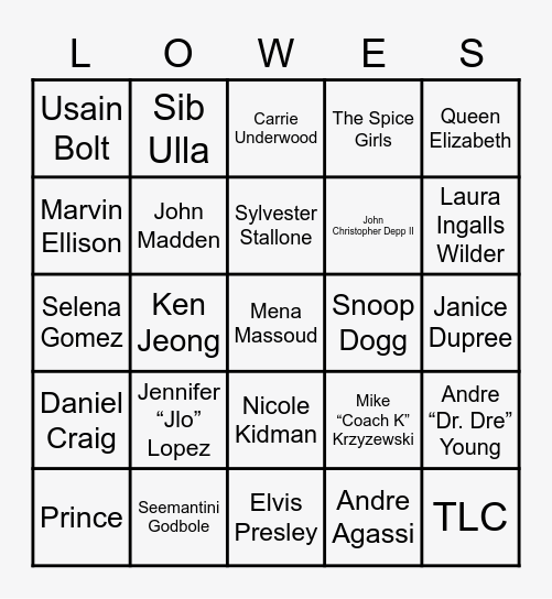 Lowe’s Celebrity Bingo Card