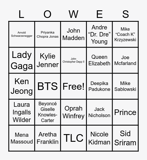 Lowe’s Celebrity Bingo Card