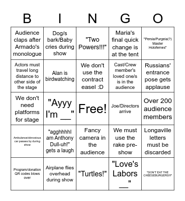 Love's Labors Lost Bingo Card