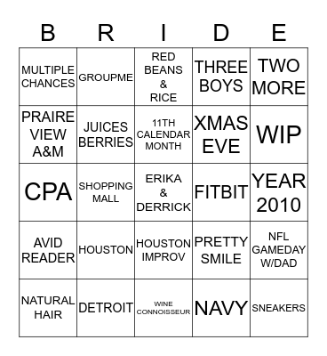 ERIKA'S BRIDAL SHOWER BINGO GAME Bingo Card