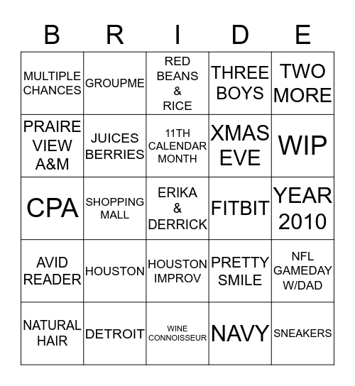 ERIKA'S BRIDAL SHOWER BINGO GAME Bingo Card