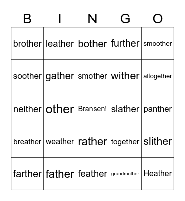 "THER" BINGO Card