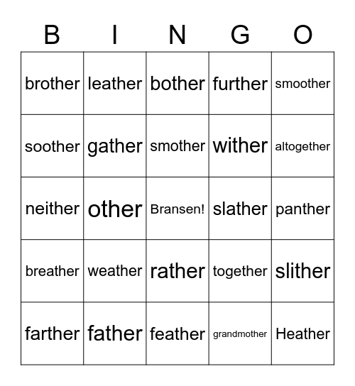 "THER" BINGO Card