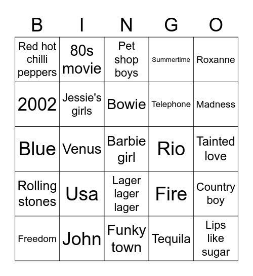 Rock n Roll bingo Card