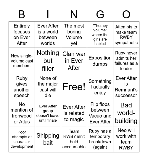 RWBY Volume 9 (Remade one) Bingo Card