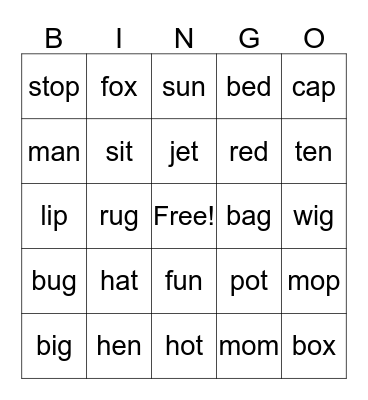 Short Vowel Sounds Bingo Card