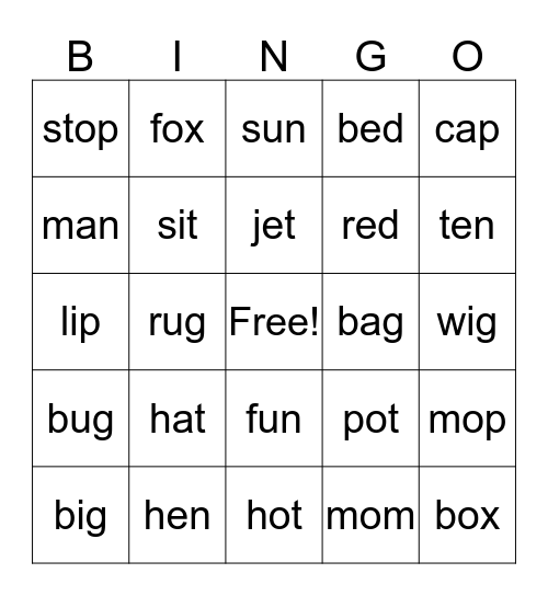 Short Vowel Sounds Bingo Card