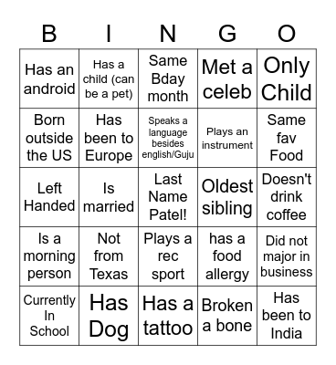 Ice Breaker Bingo Card