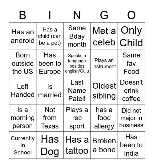 Ice Breaker Bingo Card