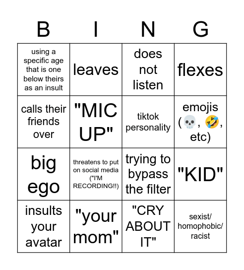 ROBLOX ARGUMENT BINGO Card