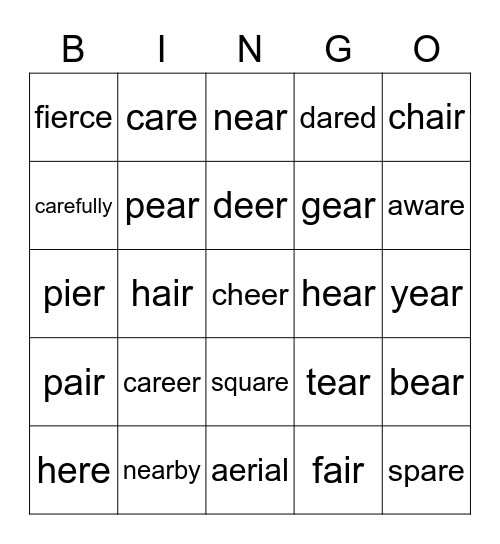 /air/ & /ear/ sounds in words Bingo Card