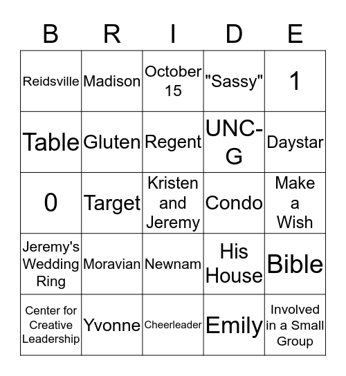Here Comes the Bride Bingo Card