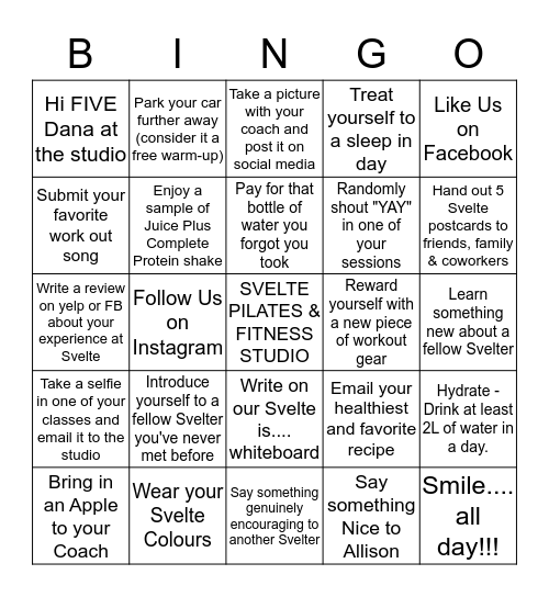 SVELTE PILATES & FITNESS STUDIO Bingo Card